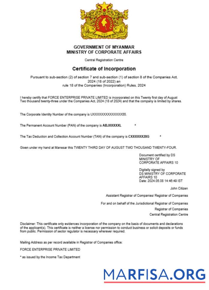 Printable Myanmar business registration certificate Word and PDF template